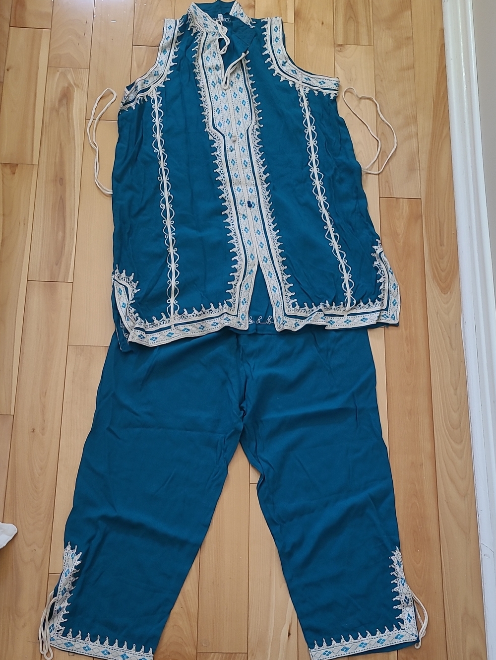 Teal Embroidered Women’s Pant Set with Ivory Trim